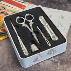 Вінтажний набір (ножиці, наперсток, шило, кейс для голок), (срібло)