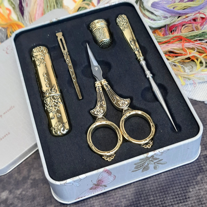 Вінтажний набір (ножиці, наперсток, шило, кейс для голок), (золото)