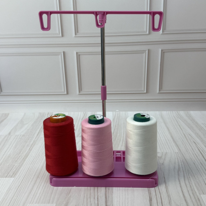 Стійка-тримач на 3 бобіни ниток з органайзером для шпульок для побутових швейних машин та оверлоків, рожевий